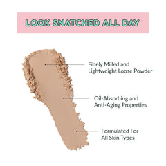 Kimchi Chic loose setting powder jar showing airy texture and light coverage.