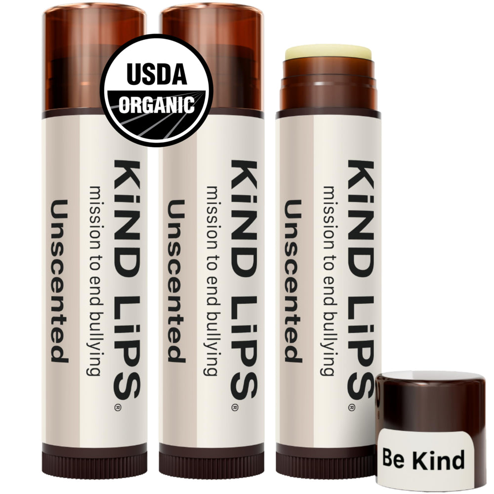 Kind Lips unscented lip balm 3-pack front shot shows clean hydration.