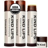 Kind Lips unscented lip balm 3-pack front shot shows clean hydration.