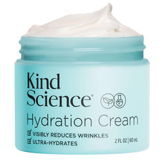 Kind Science Hydration Cream jar closeup shows fragrance-free daily hydration.
