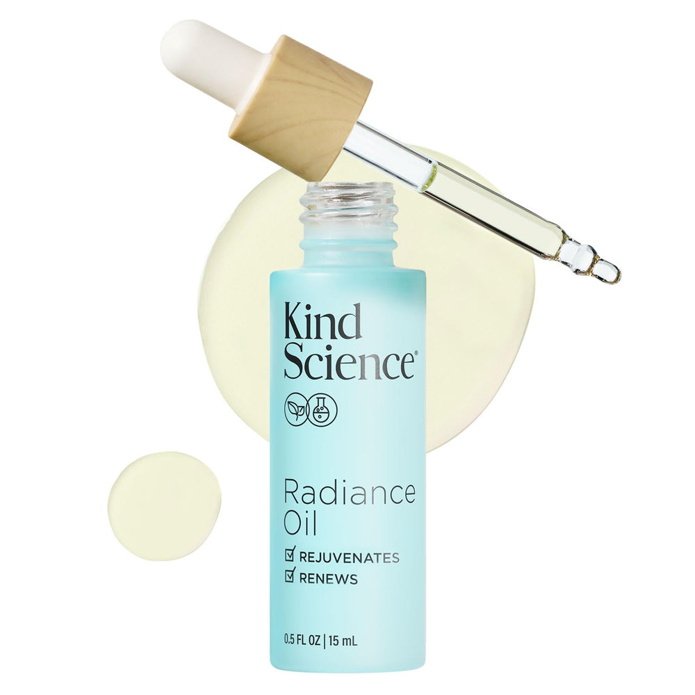 Kind Science Radiance Oil bottle closeup shows radiant hydration for skin