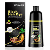 Kingming black hair dye shampoo bottle closeup for rich color