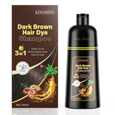 KINGMING dark brown hair dye shampoo bottle for easy at-home color.