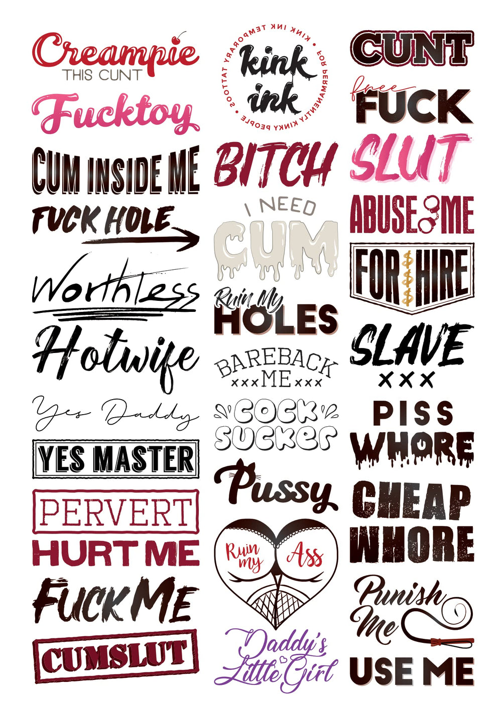 Kink Ink 30-tattoo sheet closeup shows bold designs for confident self-expression.