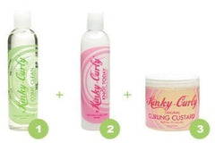 Kinky Curly combo set packaging shows three products for detangling and curl definition.