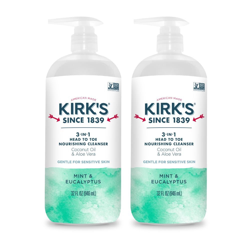 Kirk's 3-in-1 cleanser bottle offers refreshing head-to-toe cleansing with mint-eucalyptus scent.