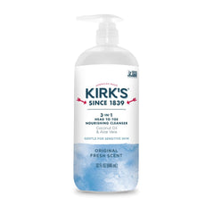 Kirk's 3-in-1 cleanser pump bottle for easy head-to-toe cleansing and hydration.