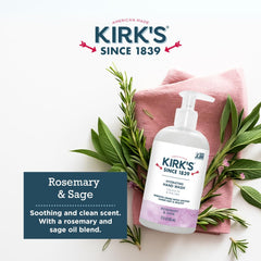 Kirk's Hydrating Hand Wash creamy lather highlights coconut oil nourishment for softer hands.