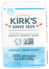 Kirk's Natural Castile Soap Original 4oz bar in a 3-pack for versatile cleansing.