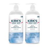 Kirk's 3-in-1 bottle closeup shows gentle head-to-toe cleansing for families