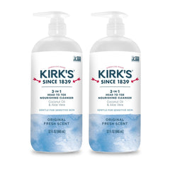 Kirk's 3-in-1 bottle closeup shows gentle head-to-toe cleansing for families