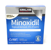Kirkland minoxidil-foam bottle front shows 5% formula for scalp use and potential regrowth support.