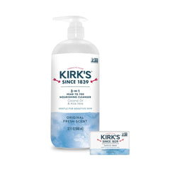 Kirks 3-in-1 head-to-toe cleanser bottle shows easy all-in-one cleansing for busy mornings.