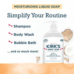 Kirk's cleanser ingredient panel with coconut oil and aloe vera