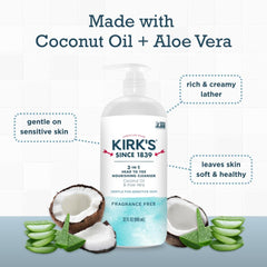 Kirk's coconut oil and aloe vera ingredients closeup highlighting natural moisture.