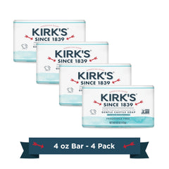 Kirk's Original Coco Castile Soap close-up bar shows fragrance-free cleansing for sensitive skin.