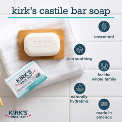 Kirks Original Coco Castile Soap bar close-up highlighting gentle cleansing.