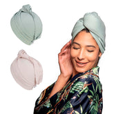 KISMETICS teeshirt-drying-wrap sage-pink duo demonstrates frizz reduction and gentle drying