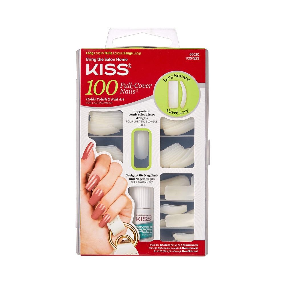 Kiss 100 acrylic plain full-cover nails active long square packaging supports multiple manicures.