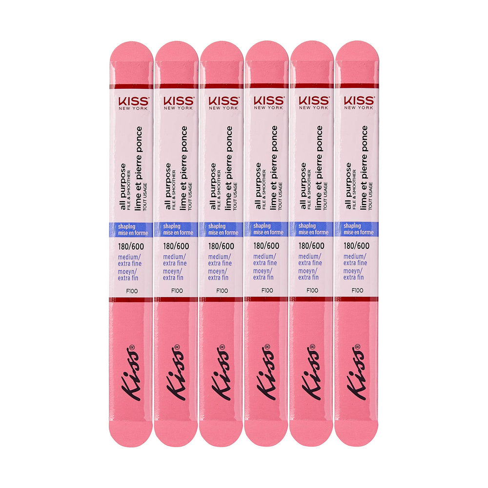 Kiss File All Purpose Smoother 180 Medium pack image shows precise shaping for natural nails.