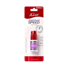 KISS maximum speed nail glue bottle front view highlighting fast, secure nail bonds.