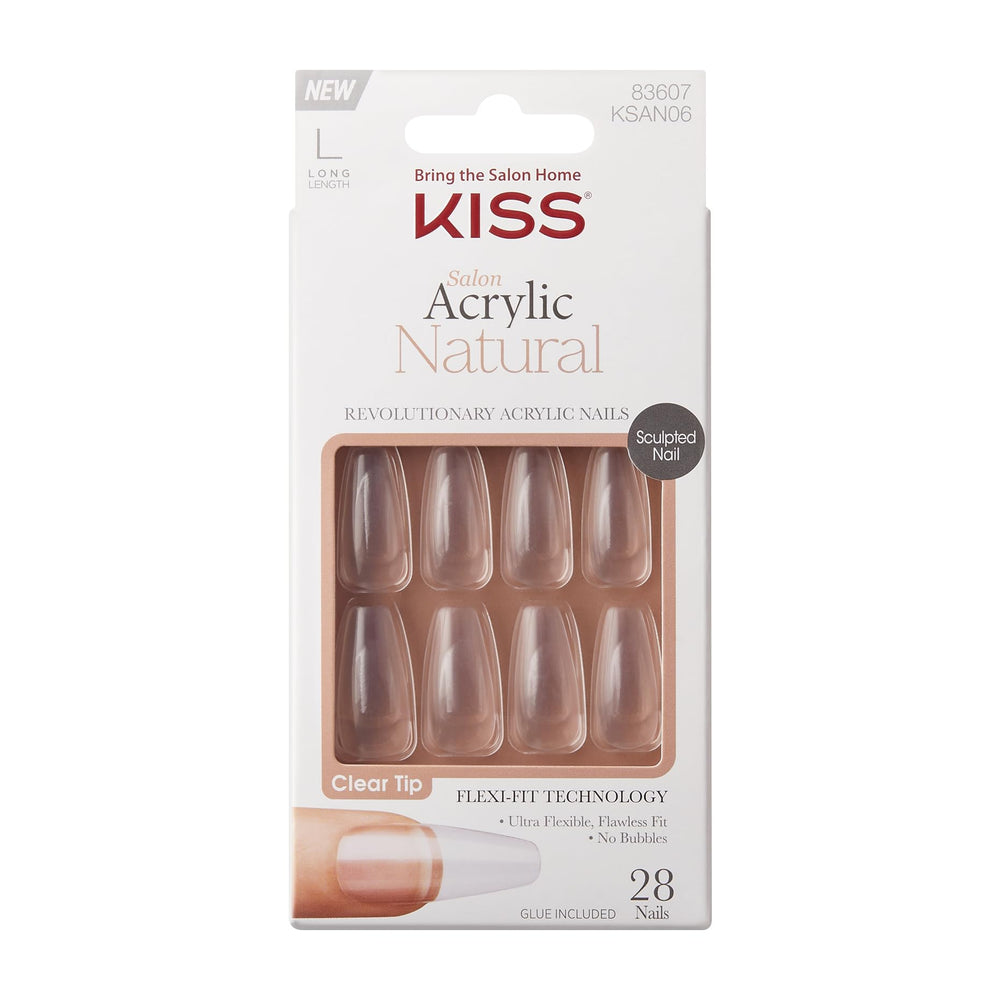 KISS Salon Acrylic Natural Nails clear tip long with ultra-smooth finish for professional-looking at-home manicure.