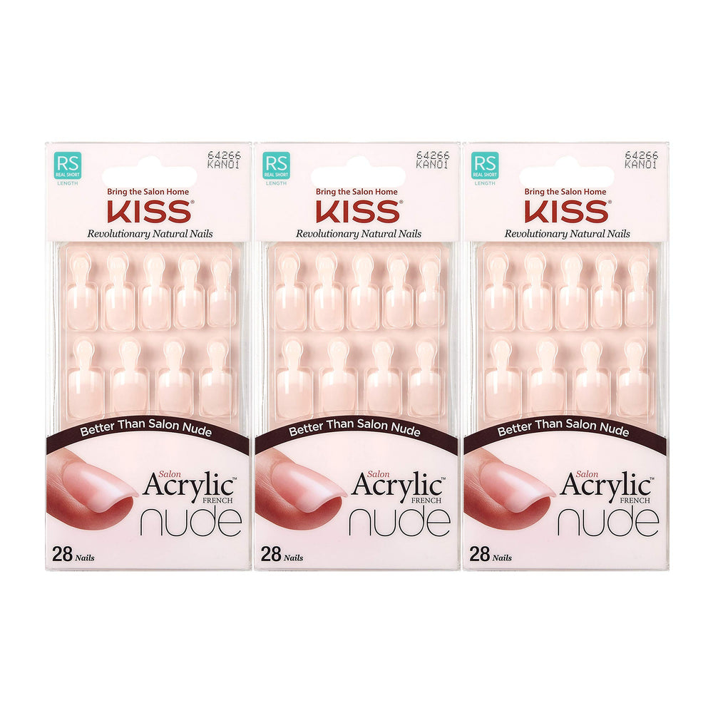 Kiss Salon Acrylic Nude French Nails 3-Pack box, ideal for quick at-home manicure prep.
