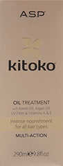 Kitoko Oil 9.8oz bottle pour illustrates lightweight, non-greasy nourishment for all hair types.