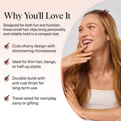 Kitsch cherry small hair clip anti-rust finish withstands daily wear.
