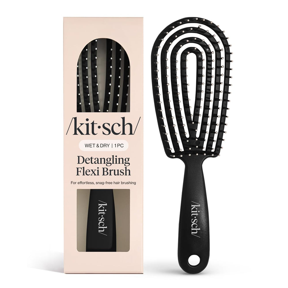 Kitsch Detangler Brush with bendable frame detangles curls gently for smooth results.