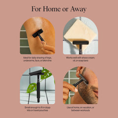 Kitsch ergonomic metal handle closeup highlights secure grip during detailed shaving.