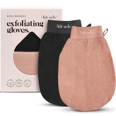 Kitsch Exfoliating Gloves pair on hand for smoother skin and improved circulation.