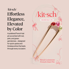 Kitsch French hair pin gemstone detail close-up adds subtle sparkle to formal or casual styles.