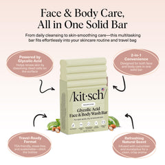 Kitsch glycolic wash bar body-use shows full-body cleansing with pore-friendly exfoliation.