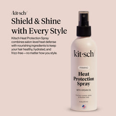 Kitsch heat protection spray bottle close-up with mist cap showing lightweight shine.