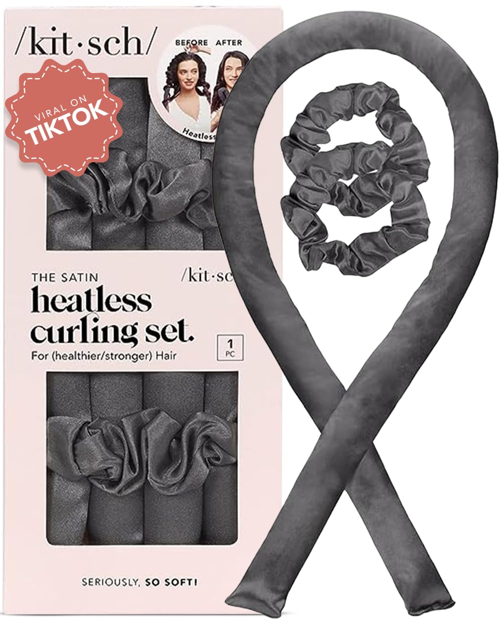 Kitsch silk heatless hair curler box—gift-ready and luxe for effortless styling.