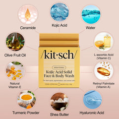 Kitsch Kojic Acid Soap turmeric-bar hyaluronic-acid sheen highlights hydration during cleanse.