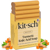 Kitsch Kojic Acid Soap turmeric-bar lather closeup for brightening daily skincare routine.