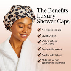 Kitsch leopard shower cap close-up shows non-slip grip for secure wear.
