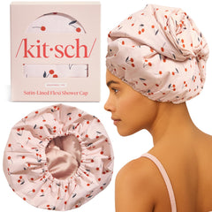 Kitsch luxury shower cap cherry print closeup showcases chic design for daily showers
