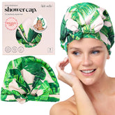 Kitsch luxury shower cap with palm leaves design keeps hair dry during showers.