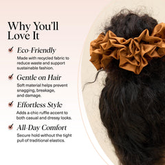 Kitsch recycled satin scrunchie camel close-up highlights soft fabric and ruffle detail