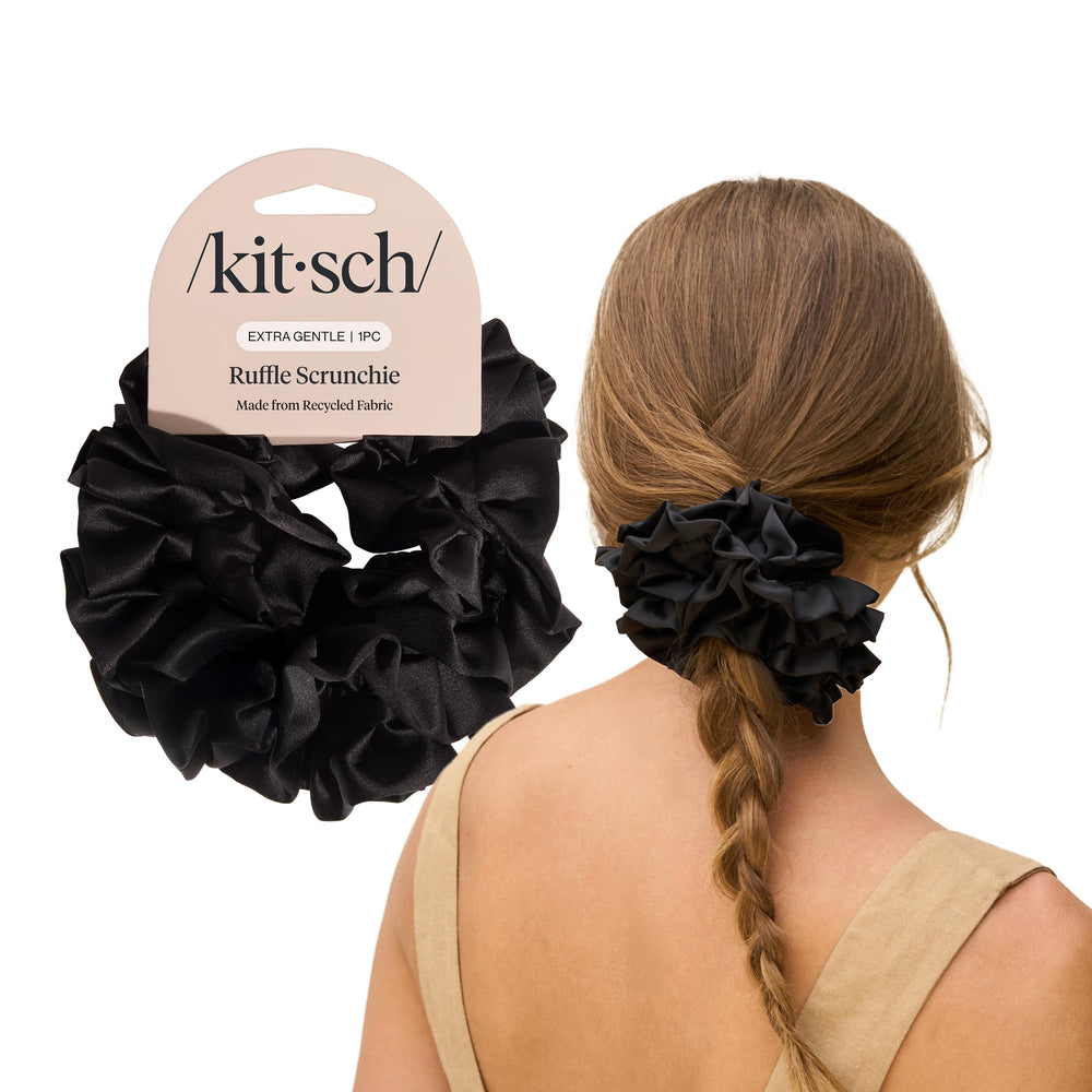 Kitsch recycled satin ruffle scrunchie closeup in black with soft, gentle hold for daily wear