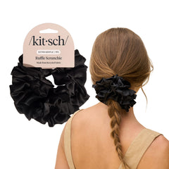 Kitsch recycled satin ruffle scrunchie closeup in black with soft, gentle hold for daily wear