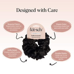 Kitsch recycled satin ruffle scrunchie in bun black offers gentle hold for all hair types