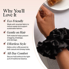 Kitsch recycled satin ruffle scrunchie in ponytail black for secure, crease-free hair