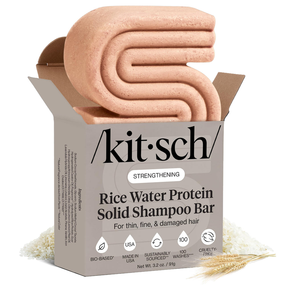 Kitsch Rice Water Shampoo Bar product shot, compact and eco-friendly for travel.