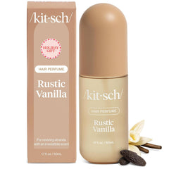 Kitsch Rustic Vanilla hair perfume bottle close-up for all-day freshness.