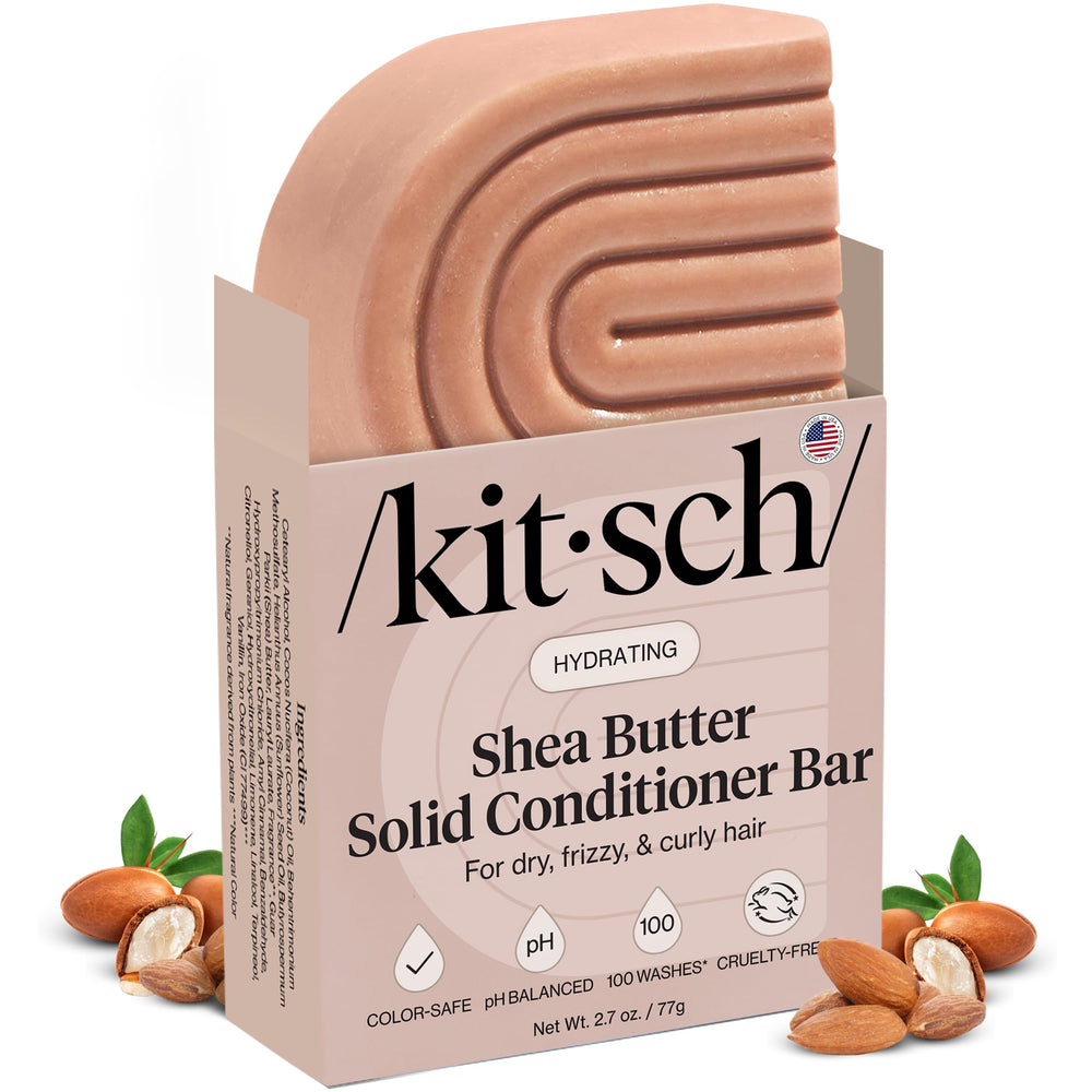 Kitsch Shea Butter Conditioner Bar packaging highlights eco-friendly, zero-waste hair care benefits