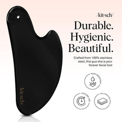 Kitsch stainless steel gua sha tool on jawline area suggests sculpting potential
